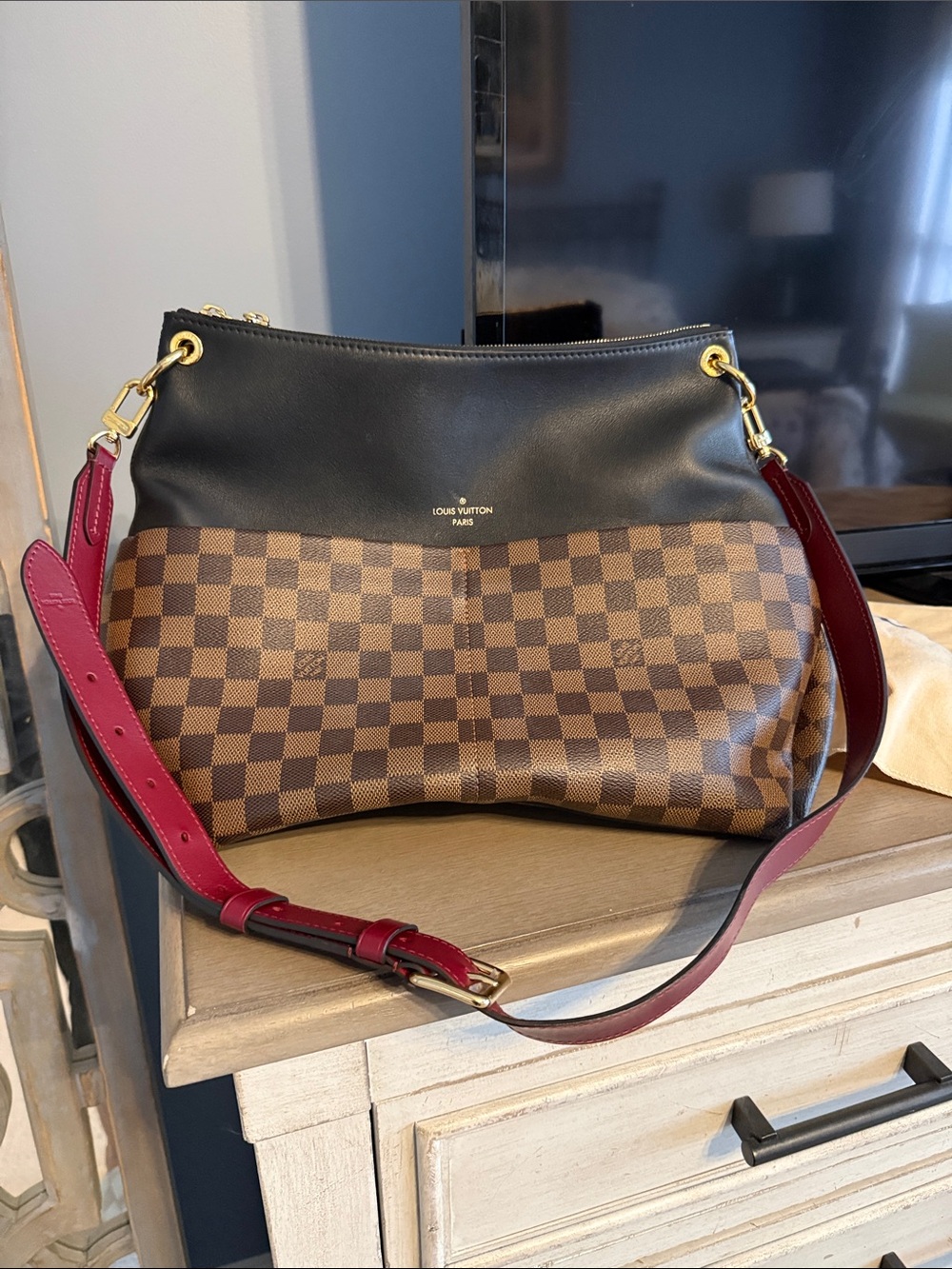 Louis Vuitton Damier Ebene Shoulder Bag with Black Top and Burgundy Strap - Picture 1 of 5